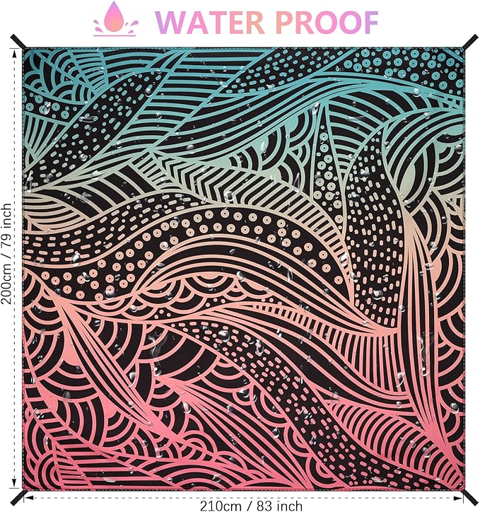Beach Blanket Waterproof Sandproof Beach Mat 79”x 83” for 1-4 Adults Quick Drying Durable Outdoor Picnic Mat for Beach Festival Travel Camping Hiking (Gradiant BK-Ripple, 79"×83"(4 Person))