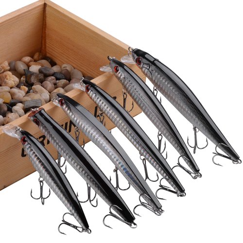 Saltwater Fishing Lures Kit 6pcs Striped Bass Fishing Lures Hard Minnow Lures Jerkbait Topwater Popper Plugs Surf Fishing Striper Lures Inshore Offshore Saltwater Fishing Lures Set