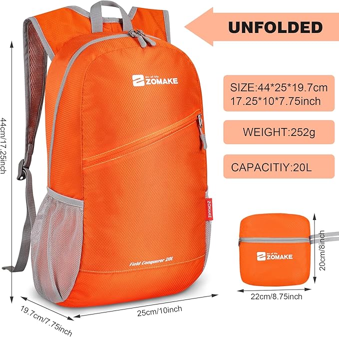 ZOMAKE Lightweight Packable Backpack 20L, Foldable Backpacks Small Daypack for Hiking Water Resistant Day Bag for Travel