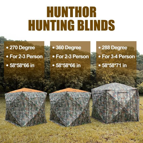 Hunthor Hunting Blind for 3-4 People, 288 Degree 5 Side See-Through Ground Blind with Silent Zipper, Pop-Up Tent for Deer, Elk, and Bear Hunting