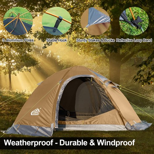 Camppal 2 Person Backpacking Tent, Waterproof 4 Season Tent, Windproof Rainproof Cold Weather Winter Tent for Camping, Hiking, Hunting, Motorbiking, Cycling - Khaki