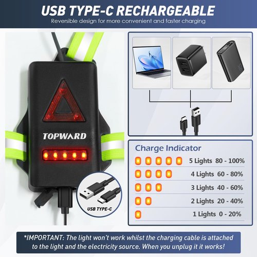 Topward Running Lights for Runners USB-C Rechargeable, Chest Headlamp with 500 Lumen Adjustable Beam, Safety Light for Walking Dog at Night