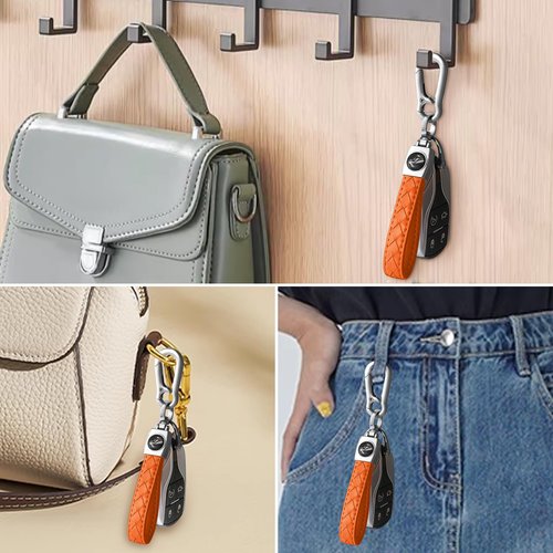 Gkeygo Carabiner Keychain, Universal Heavy Duty Woven Handmade Leather Key Chain, Car Fob Key Keychains with 360 Degree Rotatable Snap Swivel and Anti-Lost D-Ring for Men and Women, Silver - Orange