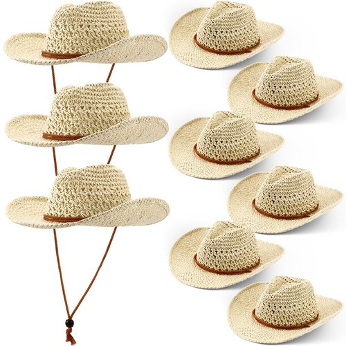 Newcotte 9 Pack Straw Cowboy Hats for Women Western Cowgirl Beach Sun Hat Bulk with Windproof Rope for Party Travel(Beige)