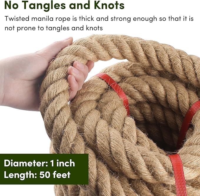 Manila Rope 1in x 50ft,Natural Hemp Rope Thick Large Decorative Hemp Nautical Ropes,Twisted Manila Ropes Great for Gardening,Railings,Hammock Nautical