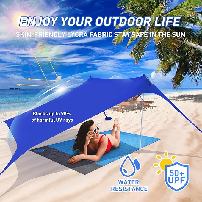 Beach Tent Pop Up Shade Canopy Sun Shelter UPF50+ with 2 Stability Poles/Carry Bag/Ground Pegs/Sand Shovel/Windproof Ropes Portable Outdoor Family Sunshade for Beach Camping(Navy Blue,10×10FT)