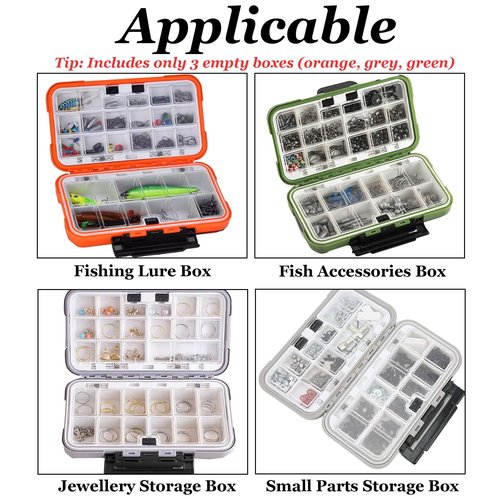 Waterproof Fishing Tackle Box 3 Pack, Double-Sided with 19 Adjustable Dividers, Leakproof Bait Storage Case for Trout Ultralight Fishing & Travel (Green, Orange, Gray)