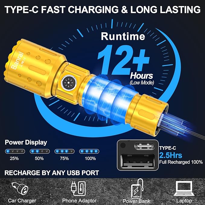 Flashlights High Lumens Rechargeable, 20000 Lumens Super Bright 1500 Meters Long Range Small Powerful Flashlight, 6 Modes LED Tactical Pocket Waterproof Flash Light for Camping (2, Black/Gold)