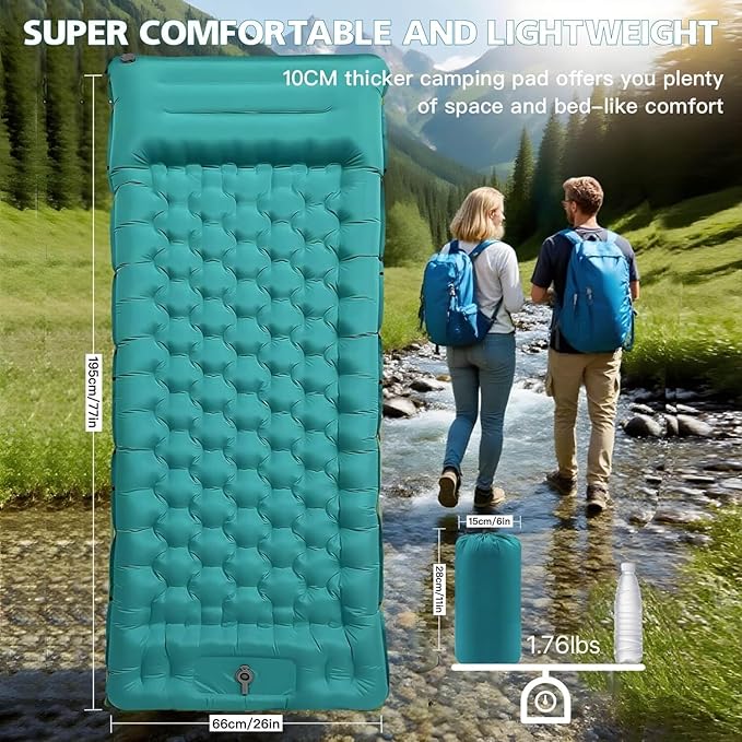 Ultralight Inflatable Sleeping Pad with Built-in Pump, Waterproof, Tear-Resistant, for Camping, Hiking, Backpacking, Outdoor Travel (Peacock Blue)