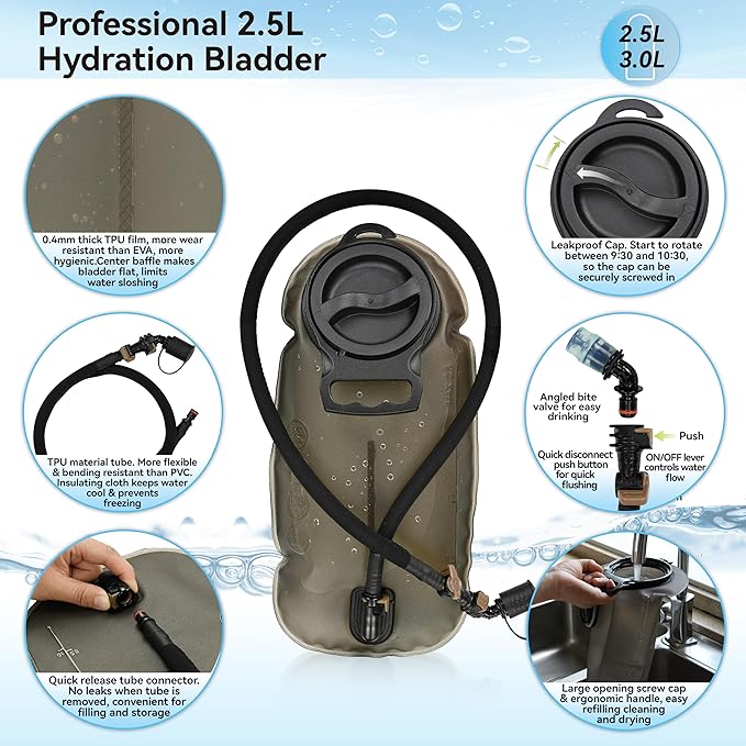 MARCHWAY Tactical Molle Hydration Pack with 2.5L TPU Water Bladder, Compact Yet Spacious Military Backpack for Hiking, Cycling, Backpacking, Hunting, Running