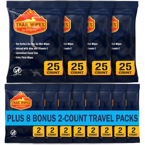 Inspire Trail Wipes | Camping Wipes Body Wipes Adults | Biodegradable Wipes For Camping, Travel, Gym With Aloe And Vitamin E | No Rinse Bathing Shower Wipes Women Or Men (100 Count (4 Packs Of 25))