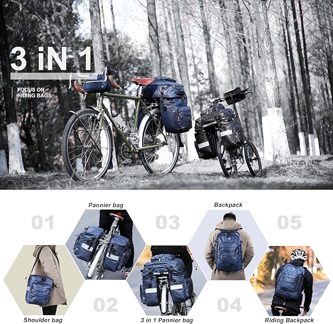 HUNTVP 3 in 1 Bike Pannier Bag - Rack Saddle Backpack Rear Seat Shoulder Laptop Cargo Rack Bicycle Bag with Rain Cover