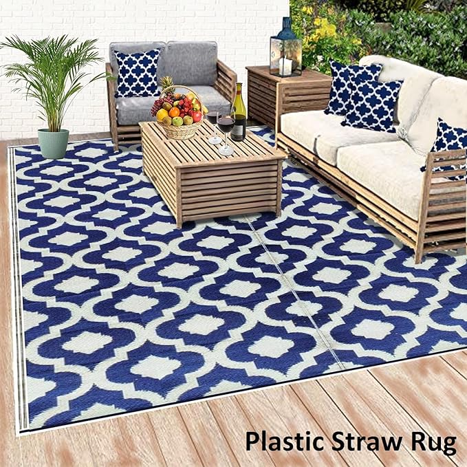 BalajeesUSA Outdoor Rug - 9x12 Blue, reversible Recycled Plastic straw Outdoor Patio Rugs Clearance Waterproof Large RV Camper Rug 484