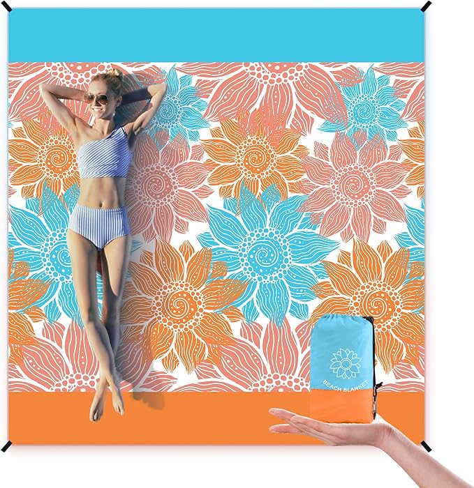 Beach Blanket Sandproof Extra Large Beach Mat Adults Waterproof Quick Drying Sand Free Mat Made by Premium Polyester with 4 Stakes & 4 Corner Pockets for Outdoor Travel Camping Hiking