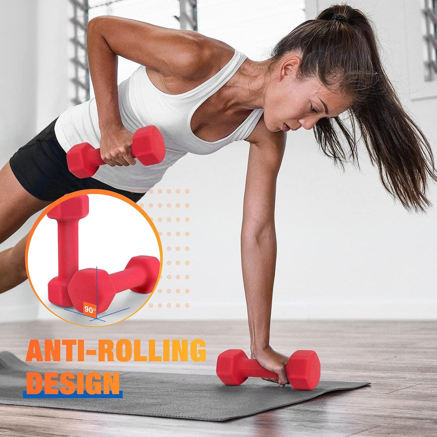 Portzon Set of 2 Neoprene Dumbbell Hand Weights, Anti-Slip, Anti-roll, Hex Shape ,8LB