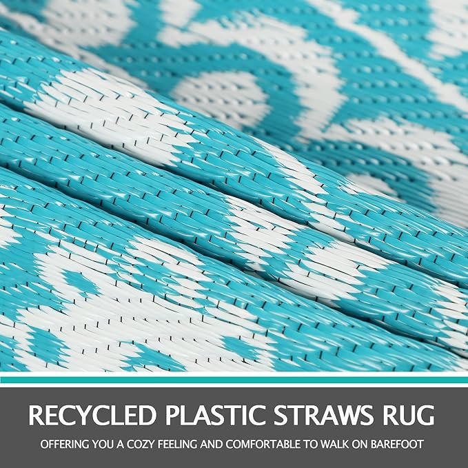 Capslpad 10Ft Round Outdoor Rug for Patio Clearance Boho Reversible Mat Waterproof Outdoor Plastic Straw RV Camping Rug Outside Circle Area Rug for Porch Deck Terrace Picnic Beach Apartment, Teal