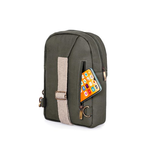 THE LABEL GAIA Adjustable Hemp Crossbody Sling Backpack | Stand Up Design | Shoulder Strap | Olive