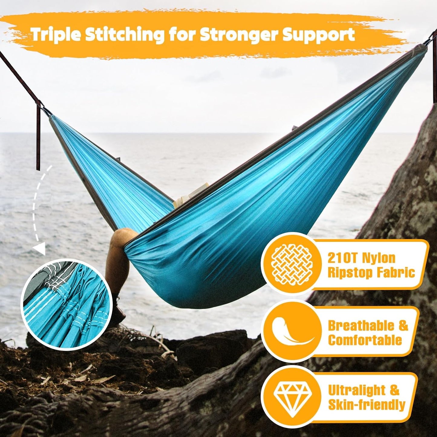 NATUREFUN Ultra-Light Travel Camping Hammock | 300kg Load Capacity,Breathable,Quick-Drying | 2 x Premium Carabiners,2 x Nylon Slings Included | Outdoor Indoor Garden