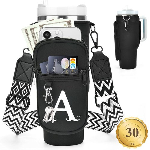 LOKASS Water Bottle Holder with Strap for Stanley Cup 30 oz Tumbler with Handle, Personalized Initial Gift, Water Bottle Carrier Bag with Phone Pocket & Carabiner for Stanley Cup Accessories