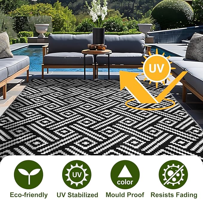 OPPODREAM Outdoor Rug 9x12 Patio Waterproof, Large Outdoor Plastic Straw Rug, Reversible Out Door Carpet for Camping, Deck, Rv, 9 x 12 Area Carpet for Balcony, Porch, Backyard, Black and White