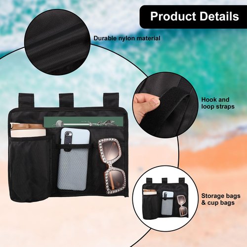 Beach Chair Cup Holder Attachment, Black Nylon Beach Chair Drink Bracket 4 Pockets Hanging Cup Holder Stand Adjustable Strap Phone Holder for Patio Lounger, Foldable Camping & Office Chair
