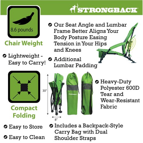 STRONGBACK Low Gravity Beach Chair with Built-in Lumbar Back Support - Heavy Duty Portable Folding Beach Chair for Adults - Lime Green
