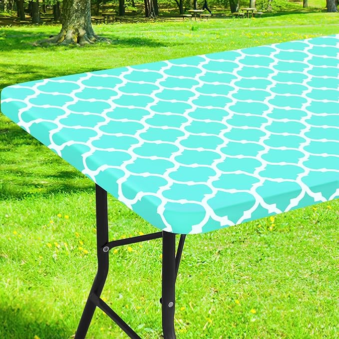 Smiry Rectangle Picnic Table Cover, Waterproof Elastic Fitted Camping Tablecloths for 5 Foot Tables, Wipeable Flannel Backed Vinyl Tablecloth Protector for Indoor, Outdoor (Teal, 36x60 Inches)