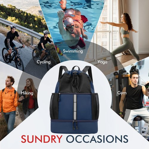 PinCute Drawstring Gym Bag for Men/Women - Mesh Beach Swim Backpack Sports Draw String Back Bags with Wet Pocket&Shoe Compartment, Lightweight