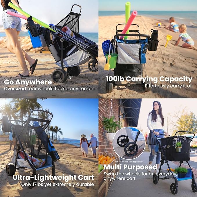 Large Wheeled Collapsible Beach Cart for Soft Sand, Shopping, Camping & Garden- Lightweight Aluminum Frame- Removable Storage Bag with Carrying Straps, X-L Capacity & Cooler Rack Dark Grey