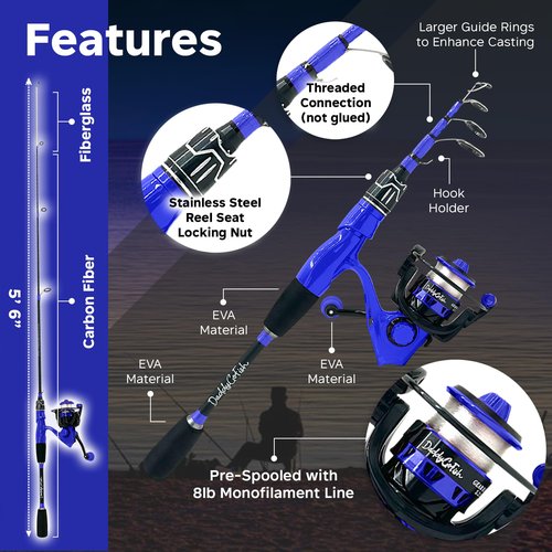 DaddyGoFish Spinning Fishing Rod and Reel Combo Set with Tackle Box | Kids Fishing Pole | Carbon Fiber Telescopic Fishing Rod Kit | Spinning Reel for Travel Saltwater Freshwater Fishing Gear Kit