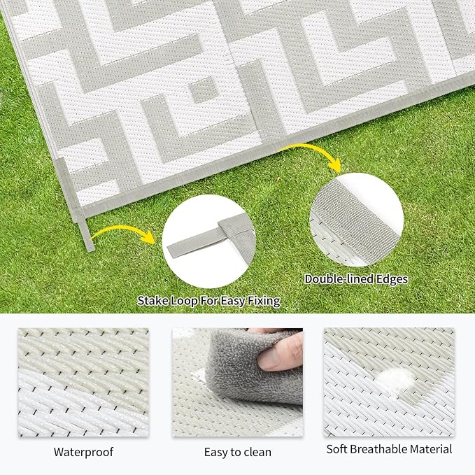 Outdoor Patio Plastic Straw Rug - 4'x6' Outdoor Camping Rug Waterproof Reversible, Area Carpet Patios Clearance RV, Outside Porch Balcony Deck for Camper, Grey & White