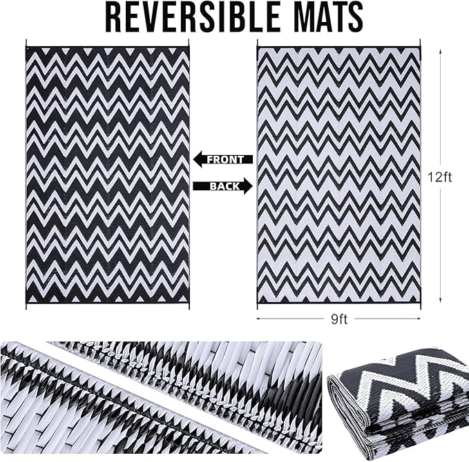 OLANLY Waterproof Outdoor Rug 9x12 ft Clearance, Reversible Outdoor Plastic Straw Rug, RV Mat, Indoor Outdoor Carpet for Patio, Camping, Balcony, Deck, Backyard, Black & White