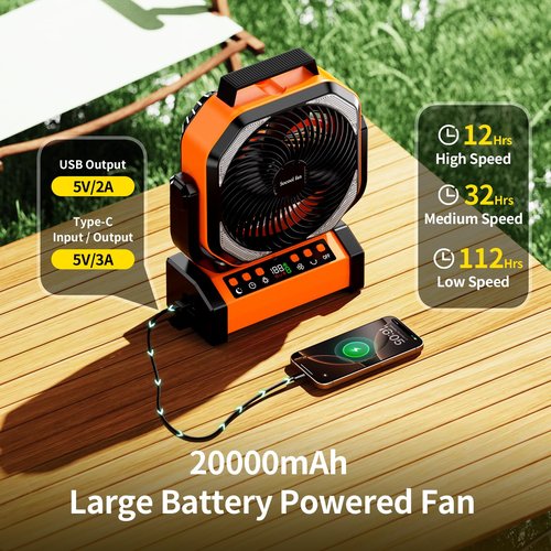 Socool Camping Fan with Light - 20000mAh Rechargeable Battery Fan with Remote, 112Hrs & 8 Speeds, Digital Display, Timer, Auto Oscillation, 270° Pivot & Hook for Outdoor Tent, Hurricane, Power Outage