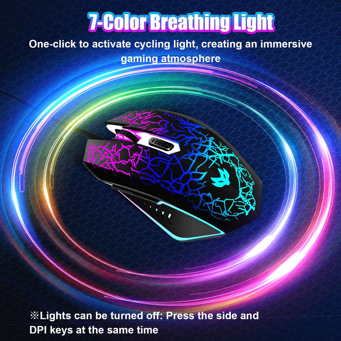 Wireless Gaming Mouse, Rechargeable Wireless Computer Mouse, 7-Color LED Light, Ergonomic Mouse with 6 Silent Click Buttons, 3 Adjustable 2400 DPI Wireless Mouse for Laptop,PC,Mac, Black