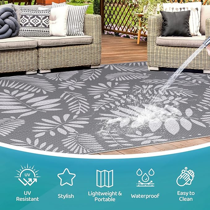 Outdoor Rug, Patio Rug, Plastic Straw Camping Rugs, Large Waterproof Area Rug and Mat for Outdoors, RV, Patio, Backyard, Deck, Porch, Beach, Balcony, (5'x 8', White&Gray)