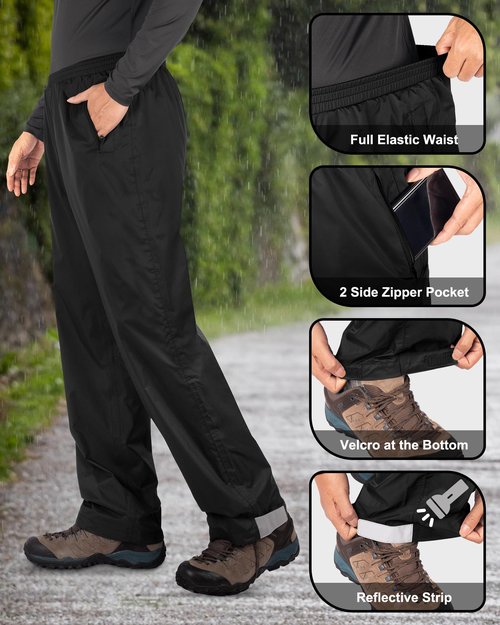 33,000ft Packable Rain Pants for Men Waterproof Hiking Pants Lightweight Rain Pants Outdoor Windproof Pant for Golf, Fishing Black