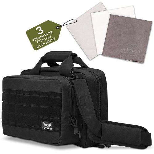 TUVALOR Gun Range Bag for 2 Pistols & Ammo - Spacious Design, with Two Handgun Pockets, Six Magazine Holders, Large Front Pocket and Padded Strap - Gun Bag with 3 Gun Cleaning Towels