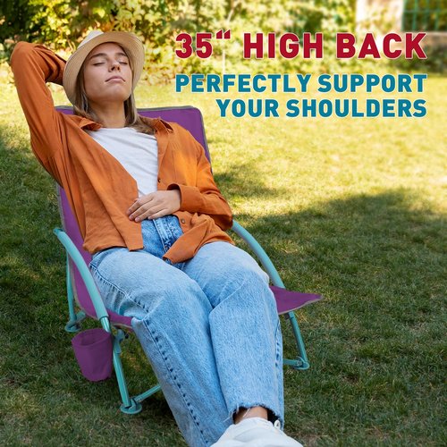Northroad Low Folding Beach Chair,Portable Lightweight Lowback Sling Chair, Outdoor Low Seat Camping Chair w/Cup Holder & Carry Bag for Sand Camping Lawn Picnic Festival,Purple