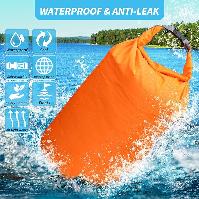 Dry Bag Set, Waterproof Small Lightweight Dry Bags for Paddle Board Kayaking, Fishing, Camping (Orange, 2L+5L+10L)
