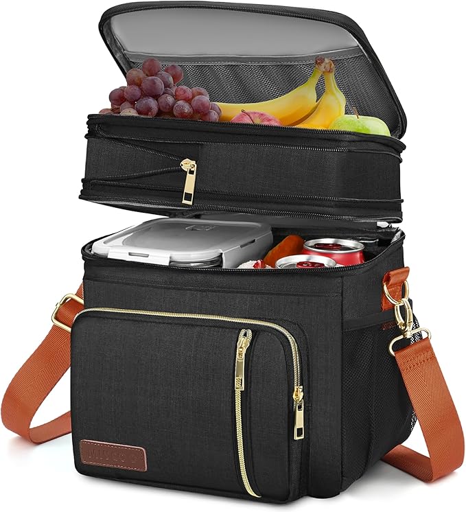 MIYCOO Lunch Bag & Lunch Box for Women Men Double Deck - Leakproof Insulated Soft Large Adult Lunch Cooler Bag for Work Black Orange