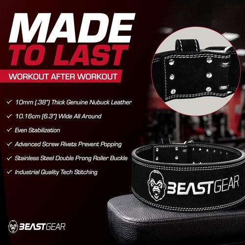 Beast Gear Weight Lifting Belt - Leather Power Lifting Belt for Men，10mm Thick Weightlifting Belt for Deadlifts, Back Support Squats Belts for Powerlifting, Crossfit Gym Belt for Men Women