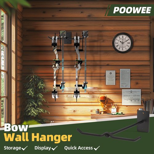 POOWEE Compound Bow Hanger for Wall - Heavy Duty Steel Compound Bow Holder, Recurve Bow Wall Mount with Durable Composite Padding, Bow Hanger Display for 2 Bows, Vertical Storage Bow Hangers for Wall
