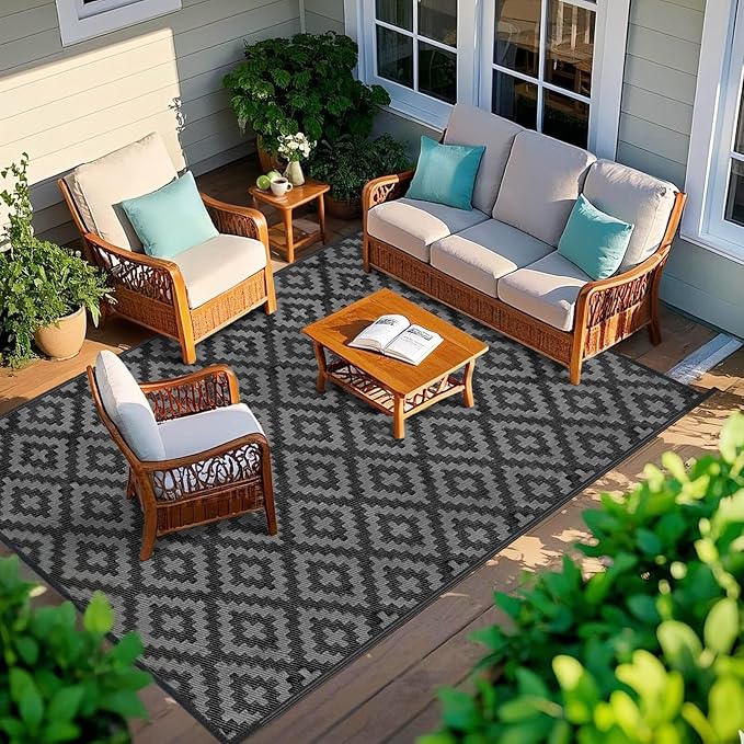 Outdoor Patio Plastic Straw Rug - 6'x9' Outdoor Camping Rug Waterproof Reversible, Area Carpet Patios Clearance RV, Outside Porch Balcony Deck for Camper, Black & Grey