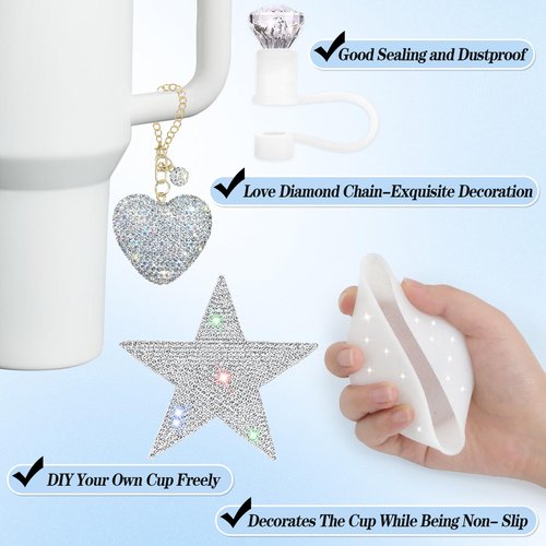 Etyishe 8 Pcs Cup Accessories Set for Cup 40&30oz,Including Diamond Straw Cover,Glitter Silicone Boot,Glitter Heart Charms for Handle and 5pcs Rhinestone Star Stickers for Tumblers(Silver)