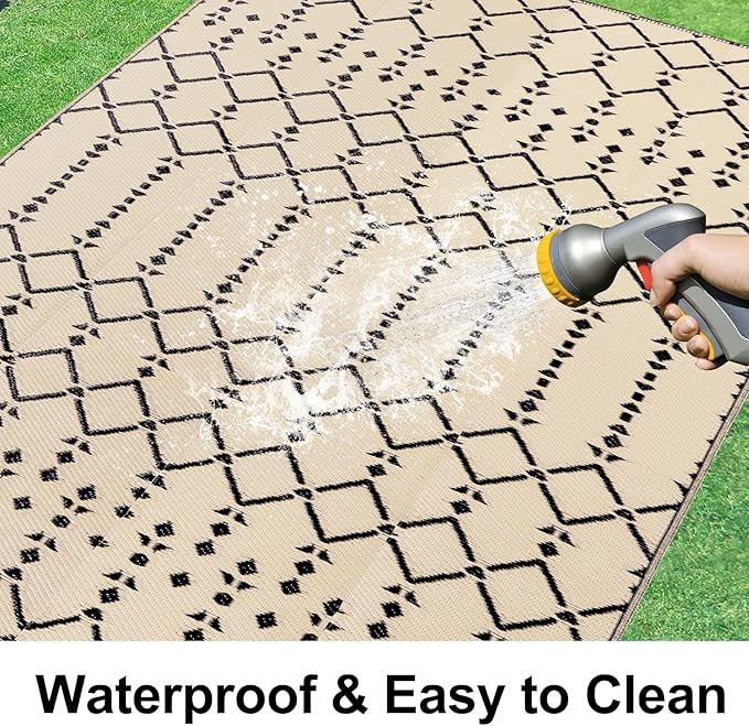 Smiry Outdoor Rug 6x9 ft, Waterproof Reversible Plastic Straw Rugs, Boho Outdoor Area Rug, Outside Floor Mat for Patio, Backyard, Deck, Picnic, Beach, Camping, Beige