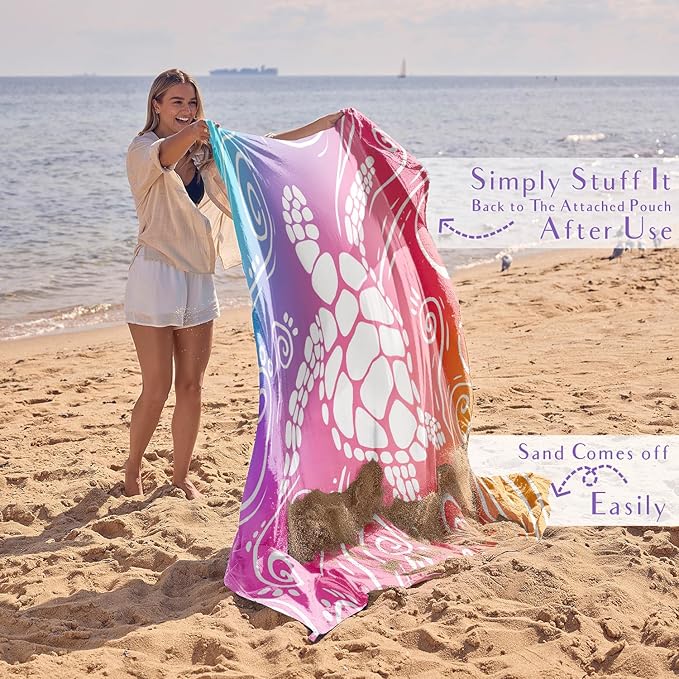 WEKAPO Beach Blanket Waterproof Sandproof Oversized Extra Large Sand Free Beach Mat with Stakes, Storage Bag - Essentials for Outdoor Beach, Picnic (Pinkish Purple Sea Turtle, 11 X 9 FT (1~10 Person))