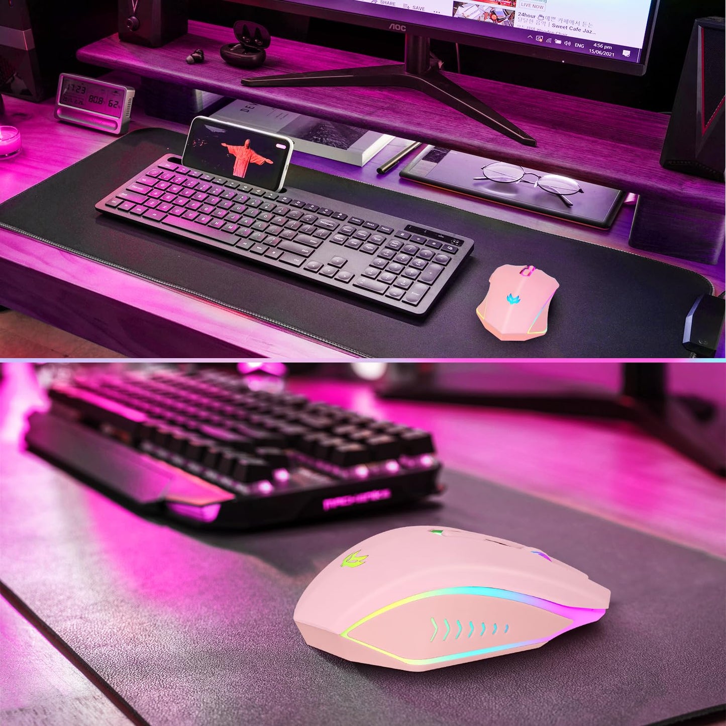 Wireless Gaming Mouse, Rechargeable Wireless Computer Mouse, 7-Color LED Light, Ergonomic Mouse with 6 Silent Click Buttons, 3 Adjustable 2400 DPI Wireless Mouse for Laptop,PC,Mac, Black