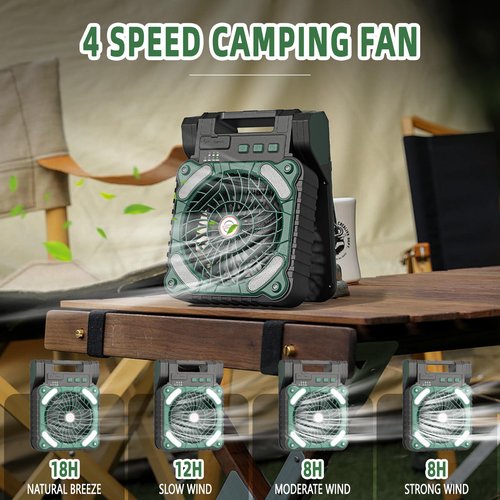Solar Powered Portable Camping Fan,10400mAh rechargeable Solar Power Cordless Battery Fan with LED Lantern | 4 Wind Speeds Adjustable | 3 Timers Modes | Quiet , Perfect for Tent, Fishing ,Picnic