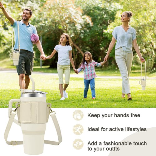 XHGWJSX Water Bottle Holder for Stanley Tumbler with Handle, Leather Carrier Strap for 40 oz 30 oz Stanley Cup Accessories, Water Bottle Carrier with Adjustable Strap, Card Holder, Keyring (White)