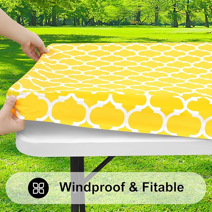Smiry Rectangle Picnic Table Cover, Waterproof Elastic Fitted Camping Tablecloths for 5 Foot Tables, Wipeable Flannel Backed Vinyl Tablecloth Protector for Indoor, Outdoor (Yellow, 36x60 Inches)